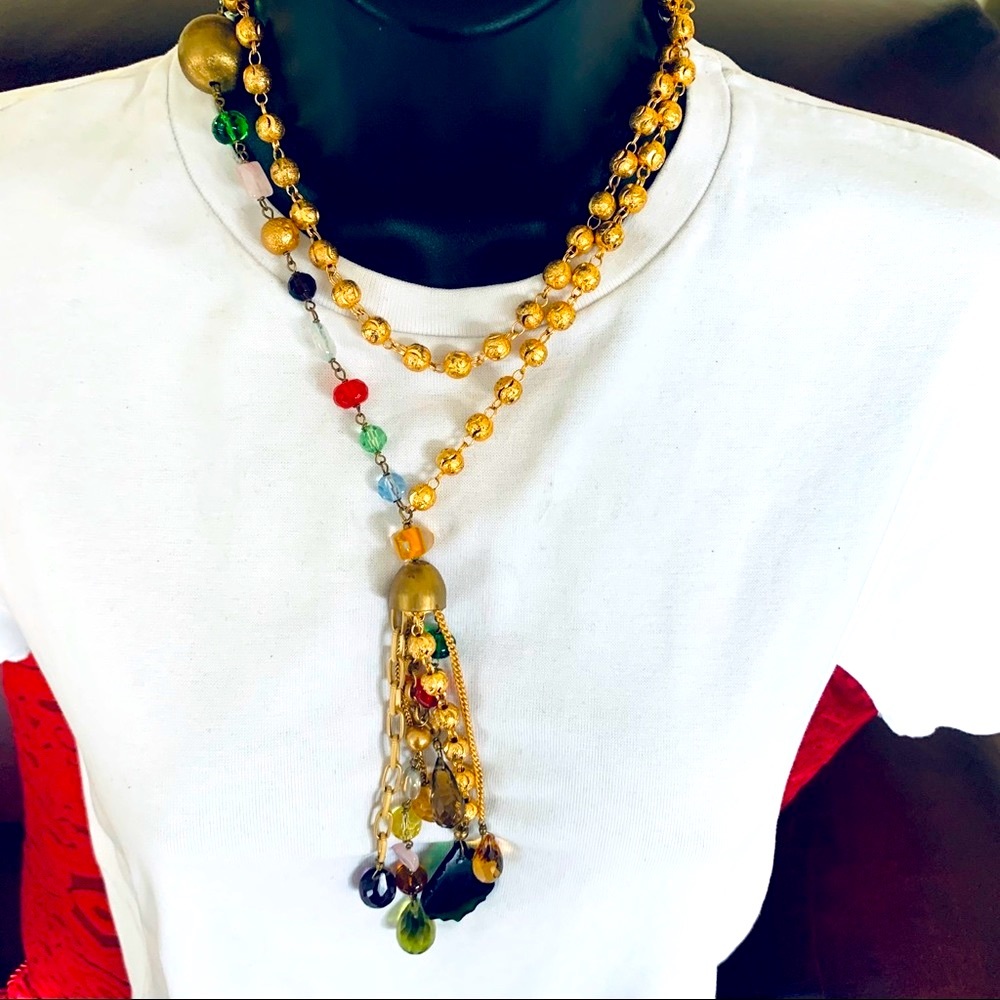 Extra long gold tone necklace of balls chain with semi-precious stones & tassel